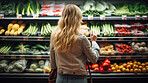 Customer, groceries and woman shopping fruit and vegetable produce for diet, wellness and lifestyle. Ingredients, blonde and female person looking at fresh harvest at local supermarket for nutrition