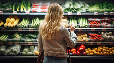 Customer, groceries and woman shopping fruit and vegetable produce for diet, wellness and lifestyle. Ingredients, blonde and female person looking at fresh harvest at local supermarket for nutrition