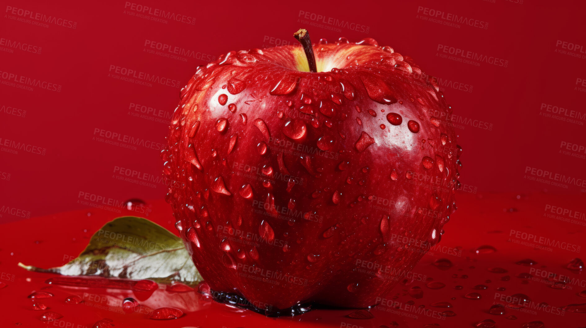 Buy stock photo Healthy, natural and apple fruit on red background in studio for farming, produce and lifestyle. Fresh, summer food and health snack mockup for eco farm, fibre diet and agriculture with droplets.