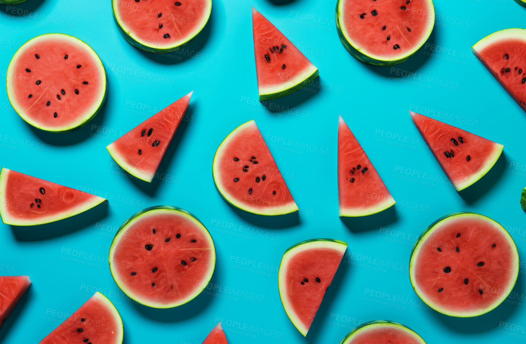 Buy stock photo Healthy, natural and watermelon fruit on a blue background in studio for farming, produce and lifestyle. Fresh, sliced food and delicious health snack mockup for eco farm, fibre diet and agriculture