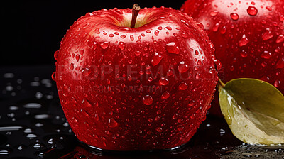 Healthy, natural and apple fruit on black background in studio for farming, produce and lifestyle. Fresh, summer food and health snack mockup for eco farm, fibre diet and agriculture with droplets.