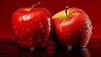 Healthy, natural and apple fruit on red background in studio for farming, produce and lifestyle. Fresh, summer food and health snack mockup for eco farm, fibre diet and agriculture with droplets.