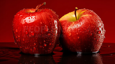 Healthy, natural and apple fruit on red background in studio for farming, produce and lifestyle. Fresh, summer food and health snack mockup for eco farm, fibre diet and agriculture with droplets.
