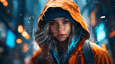Buy stock photo Futuristic woman, high-tech city, tech-savvy and dynamic. Stylish, urban and forward-thinking design for fashion, art and creative expressions. On a futuristic canvas with a touch of feminine sophistication.