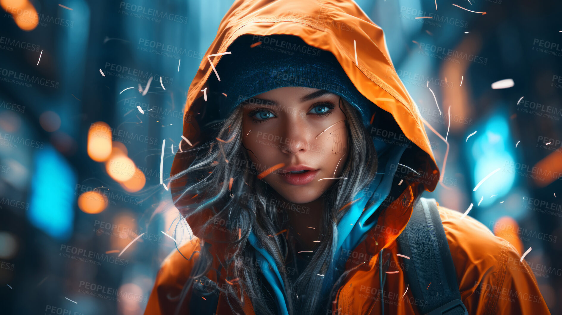 Buy stock photo Futuristic woman, high-tech city, tech-savvy and dynamic. Stylish, urban and forward-thinking design for fashion, art and creative expressions. On a futuristic canvas with a touch of feminine sophistication.