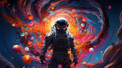 Buy stock photo Psychedelic spaceman, cosmic and mind-bending. Vibrant, trippy and space-inspired design for art, graphics and creative expressions. On a surreal canvas with a touch of intergalactic flair.