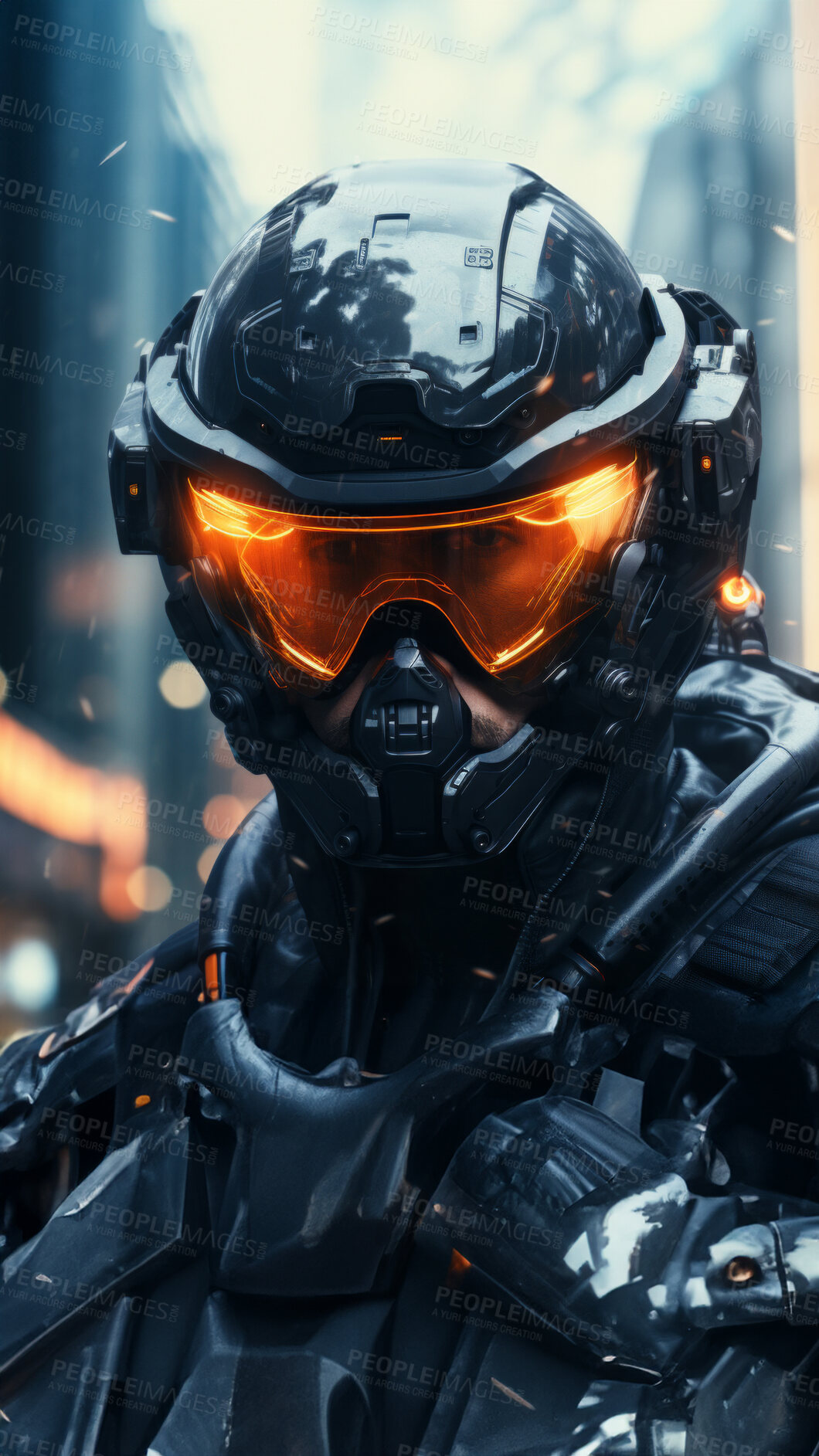 Buy stock photo Futuristic soldier, city setting, high-tech and dynamic. Sci-fi, powerful and urban-inspired design for gaming, art and creative expressions. On a futuristic canvas with a touch of cybernetic prowess.