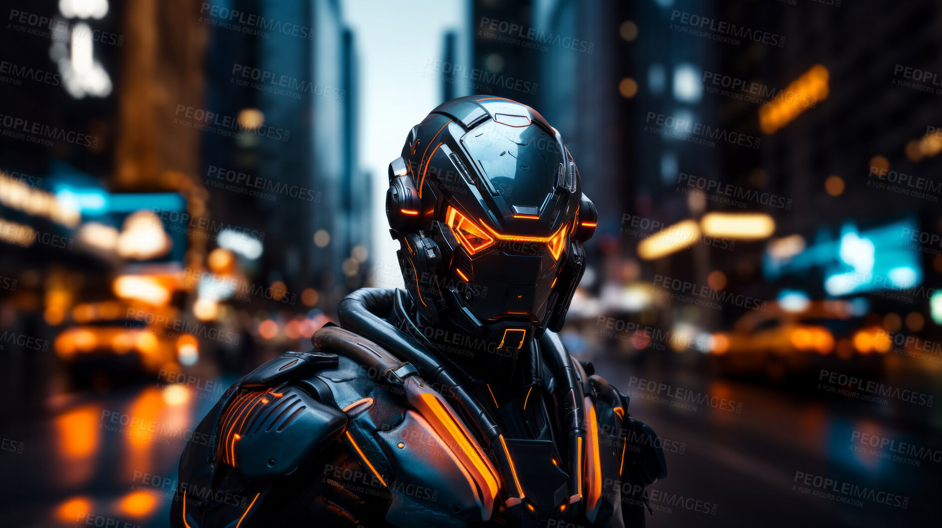 Buy stock photo Futuristic soldier, city setting, high-tech and dynamic. Sci-fi, powerful and urban-inspired design for gaming, art and creative expressions. On a futuristic canvas with a touch of cybernetic prowess.