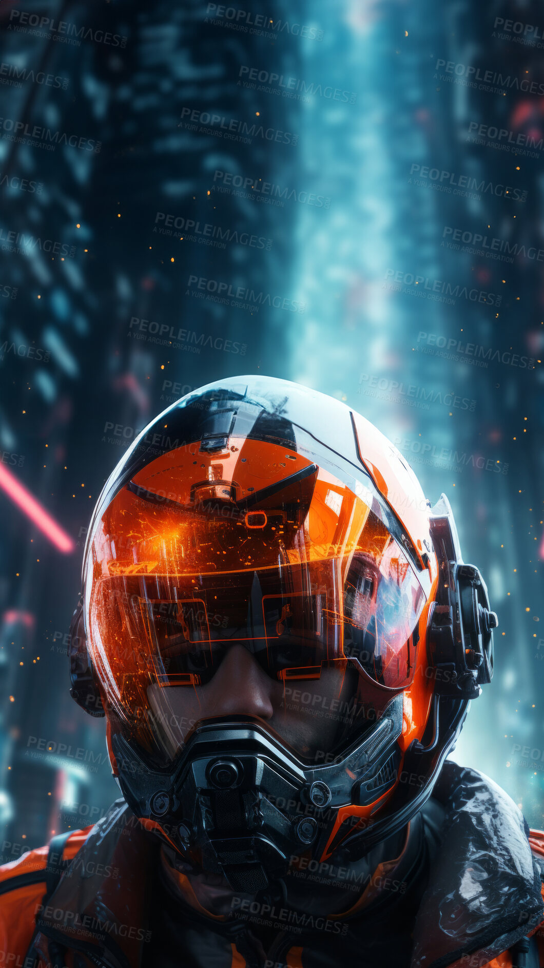 Buy stock photo Futuristic soldier, city setting, high-tech and dynamic. Sci-fi, powerful and urban-inspired design for gaming, art and creative expressions. On a futuristic canvas with a touch of cybernetic prowess.