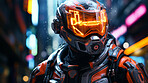 Futuristic soldier, city setting, high-tech and dynamic. Sci-fi, powerful and urban-inspired design for gaming, art and creative expressions. On a futuristic canvas with a touch of cybernetic prowess.