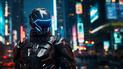 Buy stock photo Futuristic soldier, city setting, high-tech and dynamic. Sci-fi, powerful and urban-inspired design for gaming, art and creative expressions. On a futuristic canvas with a touch of cybernetic prowess.
