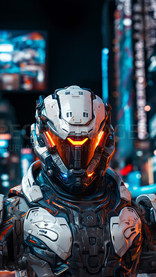 Buy stock photo Futuristic soldier, city setting, high-tech and dynamic. Sci-fi, powerful and urban-inspired design for gaming, art and creative expressions. On a futuristic canvas with a touch of cybernetic prowess.