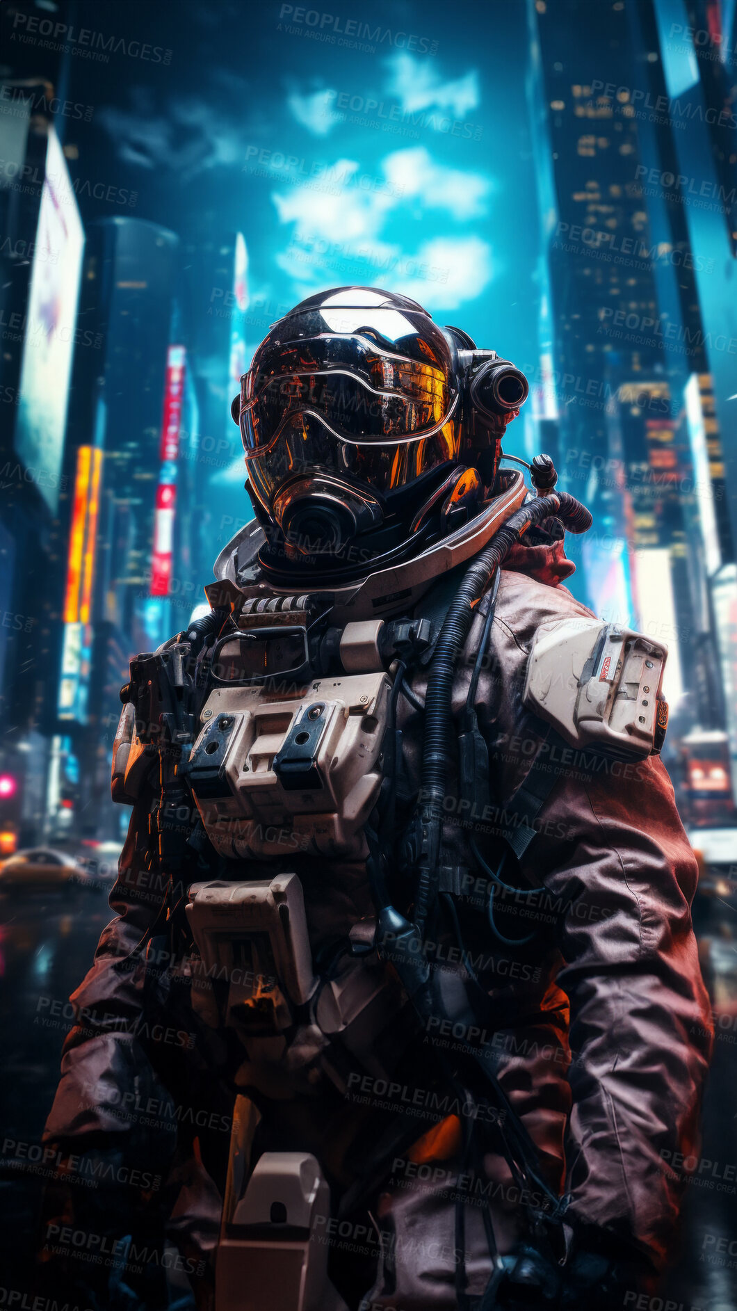 Buy stock photo Futuristic soldier, city setting, high-tech and dynamic. Sci-fi, powerful and urban-inspired design for gaming, art and creative expressions. On a futuristic canvas with a touch of cybernetic prowess.