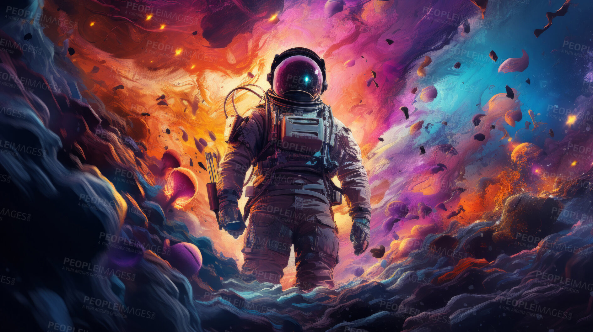 Buy stock photo Psychedelic spaceman, cosmic and mind-bending. Vibrant, trippy and space-inspired design for art, graphics and creative expressions. On a surreal canvas with a touch of intergalactic flair.