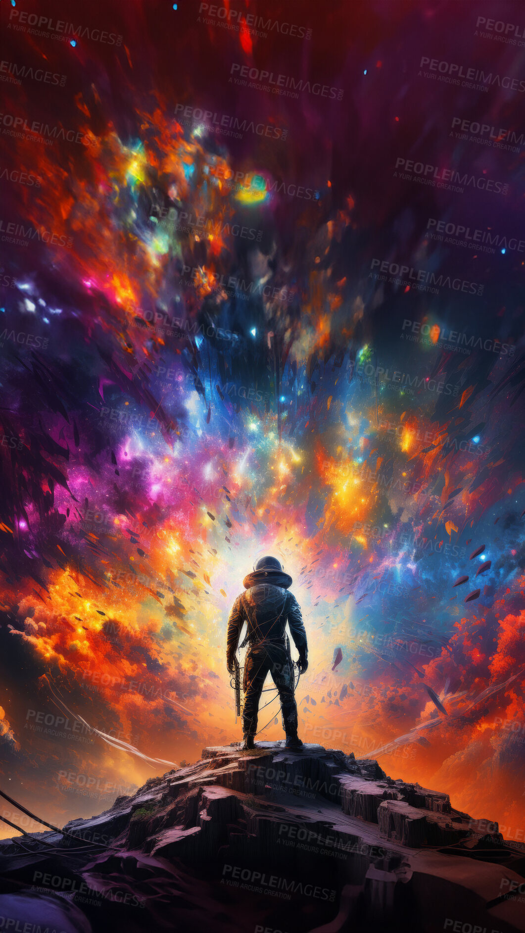 Buy stock photo Psychedelic spaceman, cosmic and mind-bending. Vibrant, trippy and space-inspired design for art, graphics and creative expressions. On a surreal canvas with a touch of intergalactic flair.