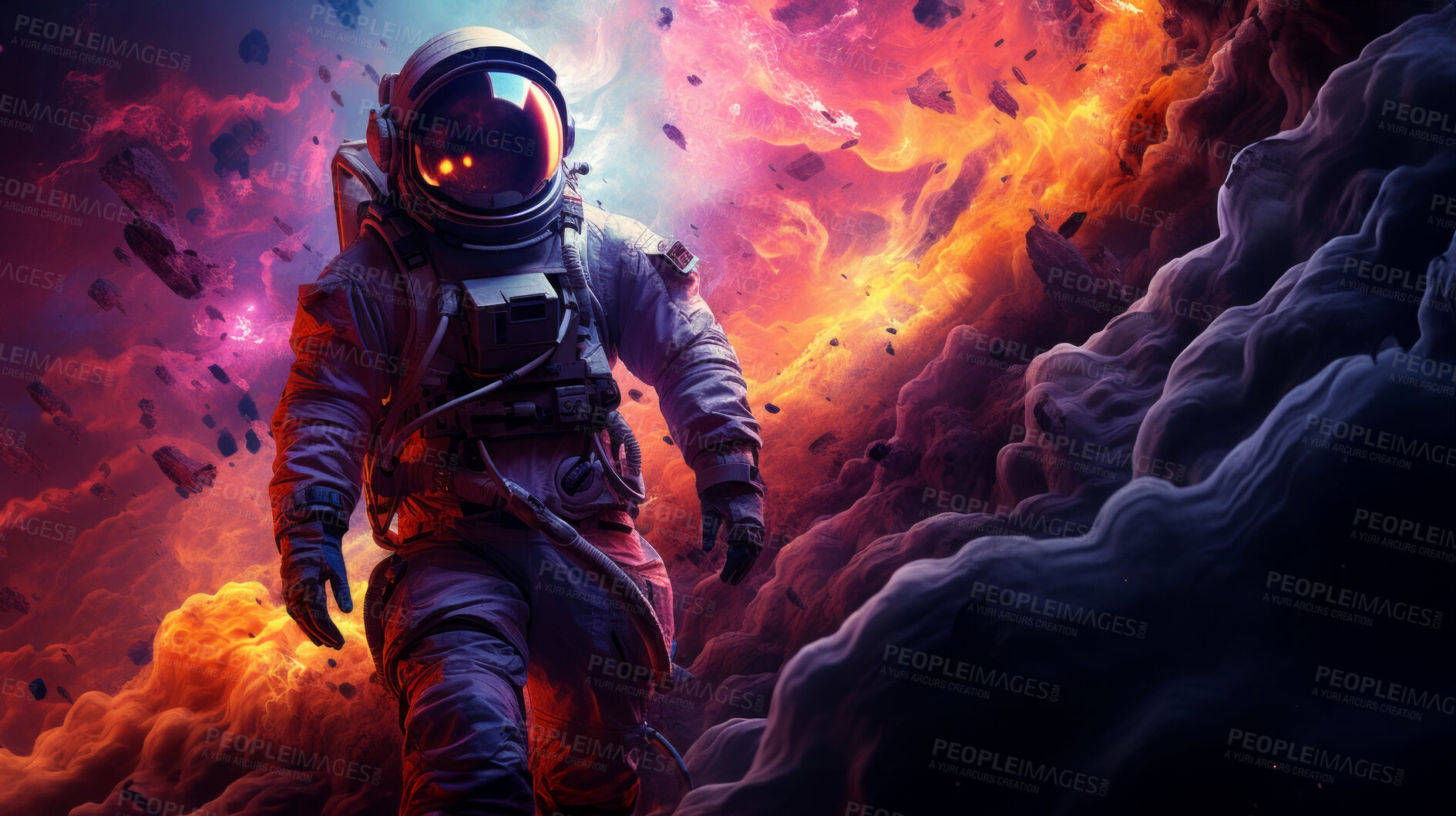 Buy stock photo Psychedelic spaceman, cosmic and mind-bending. Vibrant, trippy and space-inspired design for art, graphics and creative expressions. On a surreal canvas with a touch of intergalactic flair.