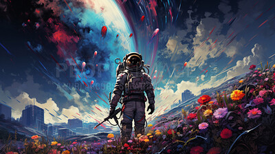 Buy stock photo Psychedelic spaceman, cosmic and mind-bending. Vibrant, trippy and space-inspired design for art, graphics and creative expressions. On a surreal canvas with a touch of intergalactic flair.