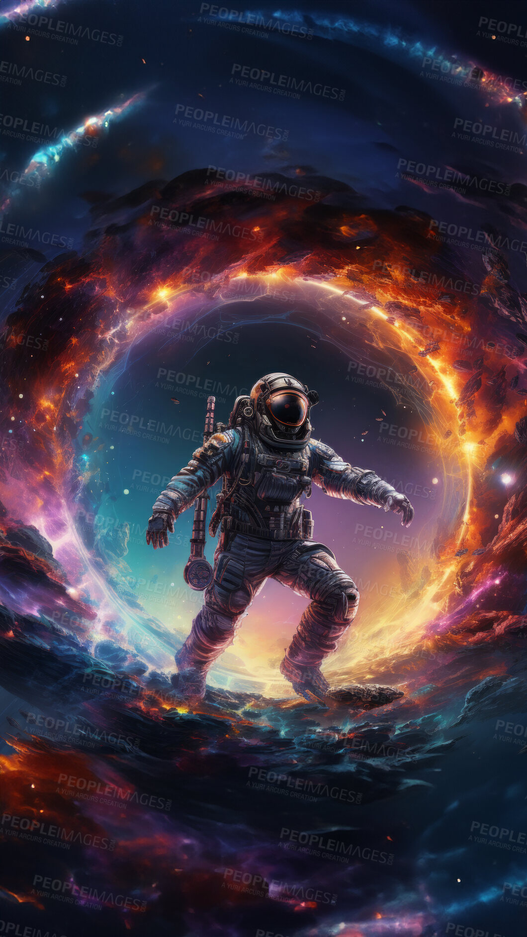 Buy stock photo Psychedelic spaceman, cosmic and mind-bending. Vibrant, trippy and space-inspired design for art, graphics and creative expressions. On a surreal canvas with a touch of intergalactic flair.