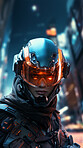 Futuristic soldier, city setting, high-tech and dynamic. Sci-fi, powerful and urban-inspired design for gaming, art and creative expressions. On a futuristic canvas with a touch of cybernetic prowess.