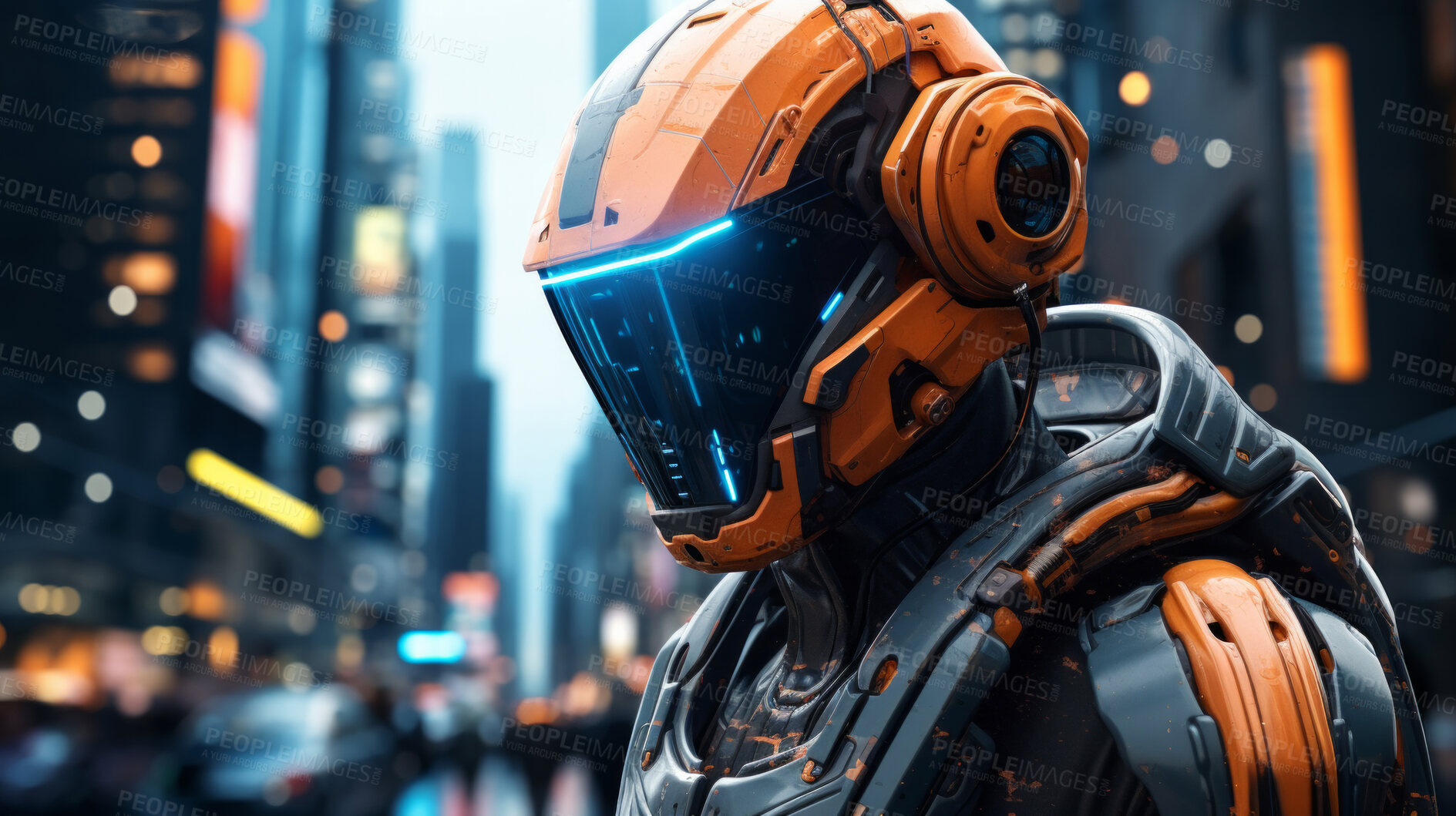 Buy stock photo Futuristic soldier, city setting, high-tech and dynamic. Sci-fi, powerful and urban-inspired design for gaming, art and creative expressions. On a futuristic canvas with a touch of cybernetic prowess.