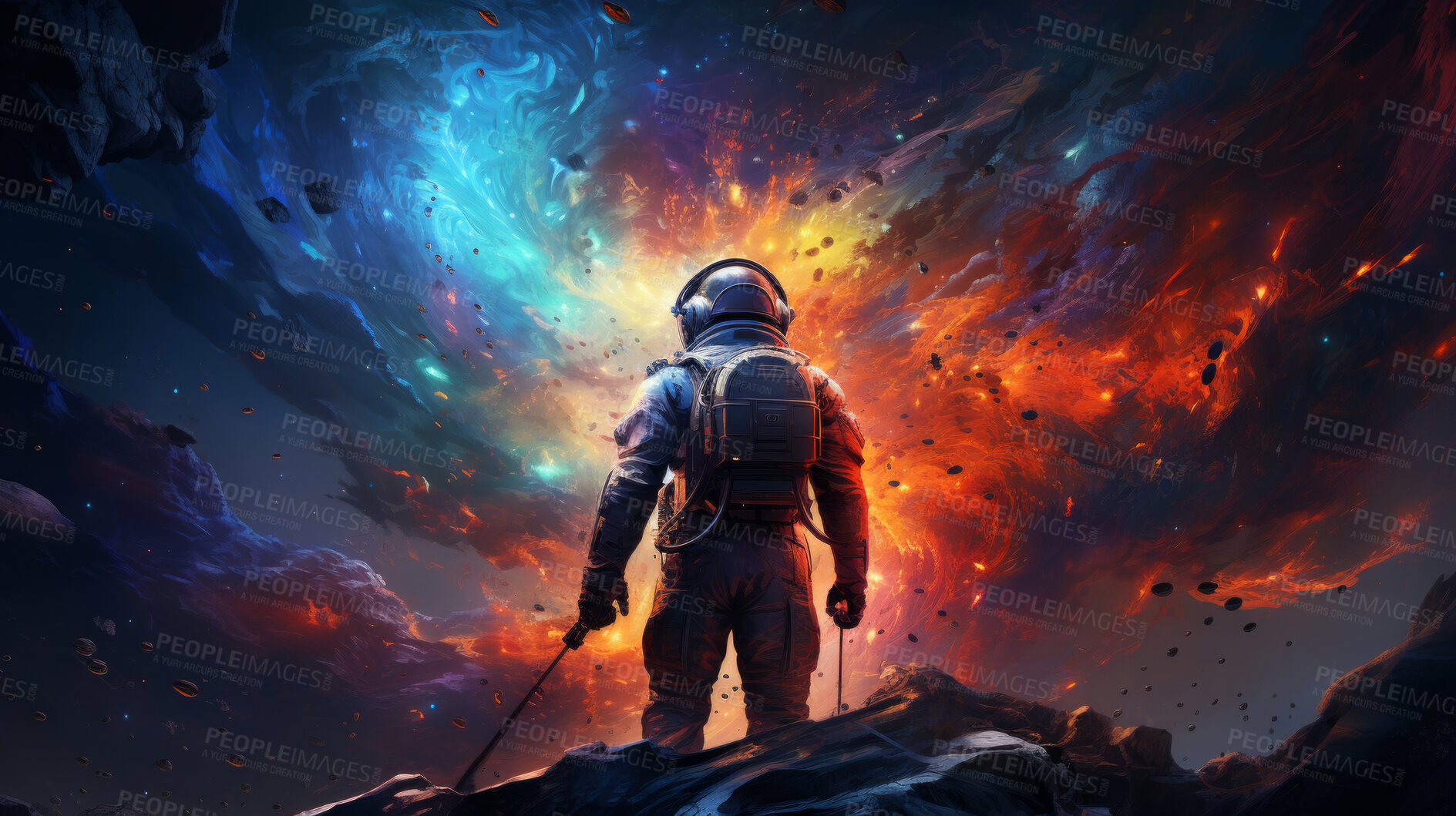 Buy stock photo Psychedelic spaceman, cosmic and mind-bending. Vibrant, trippy and space-inspired design for art, graphics and creative expressions. On a surreal canvas with a touch of intergalactic flair.