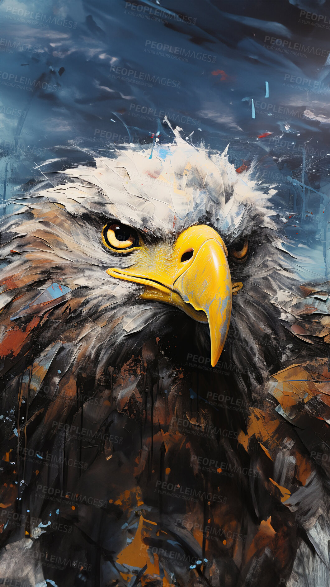 Buy stock photo Majestic eagle, vibrant and dynamic. Closeup view, adorned with vivid painting strokes. A symbol of freedom and power, perfect for decor, prints and creative expressions. Against an abstract backdrop of creative energy.
