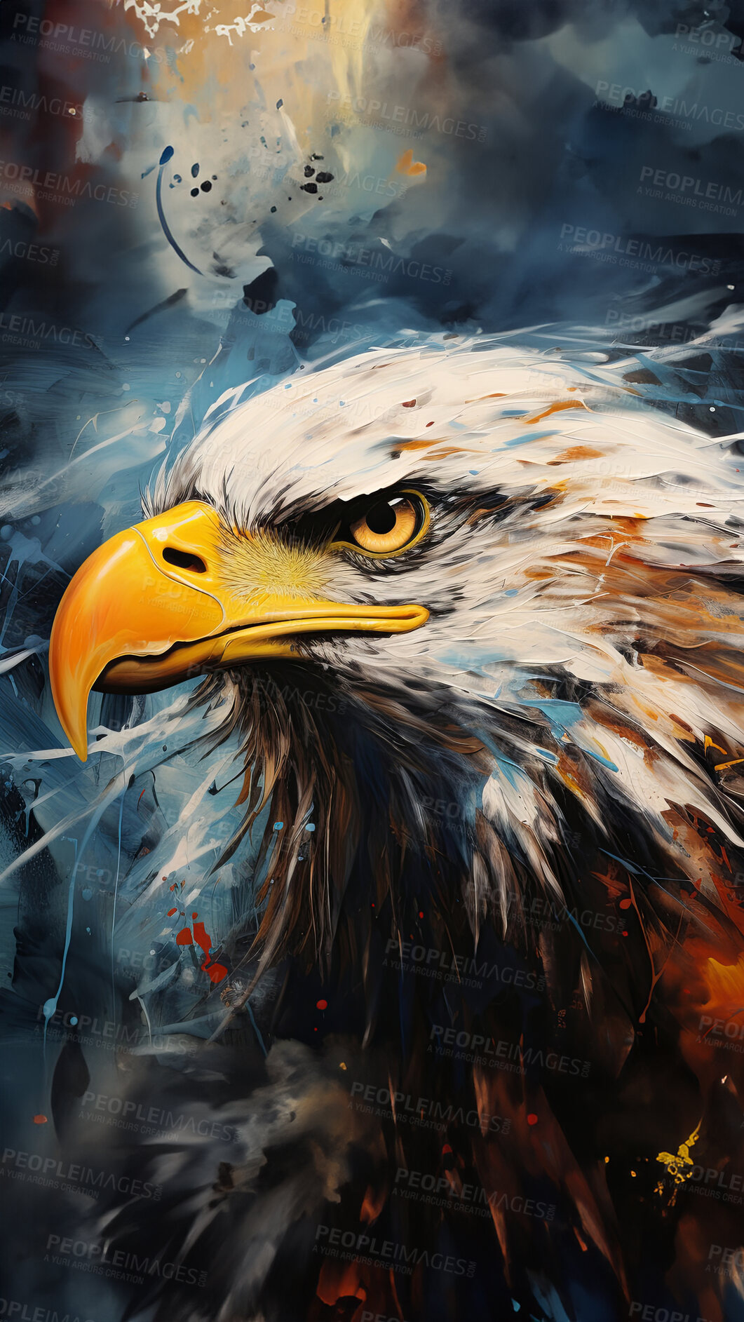 Buy stock photo Majestic eagle, vibrant and dynamic. Closeup view, adorned with vivid painting strokes. A symbol of freedom and power, perfect for decor, prints and creative expressions. Against an abstract backdrop of creative energy.