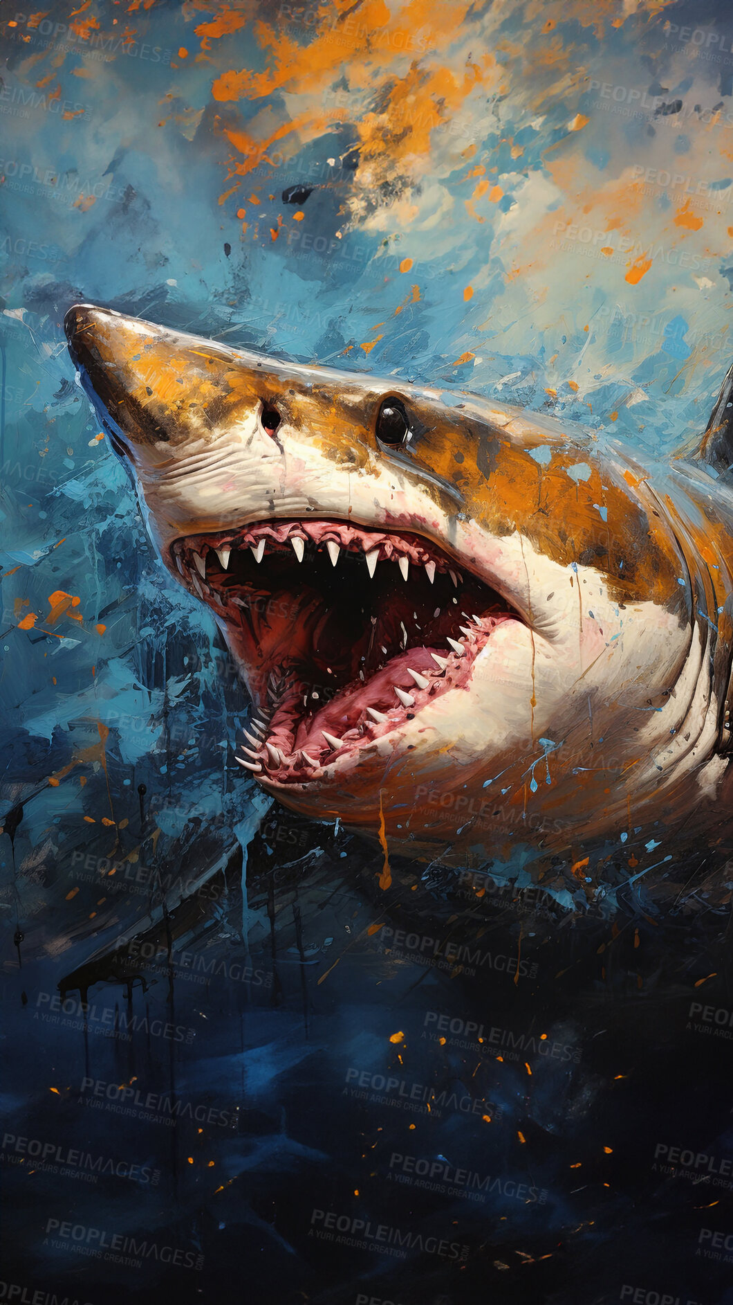 Buy stock photo Wild shark, lively and expressive artwork. Vibrant, ocean-inspired painting for decor, prints and creative expressions. On a dynamic canvas with a touch of untamed aquatic allure.