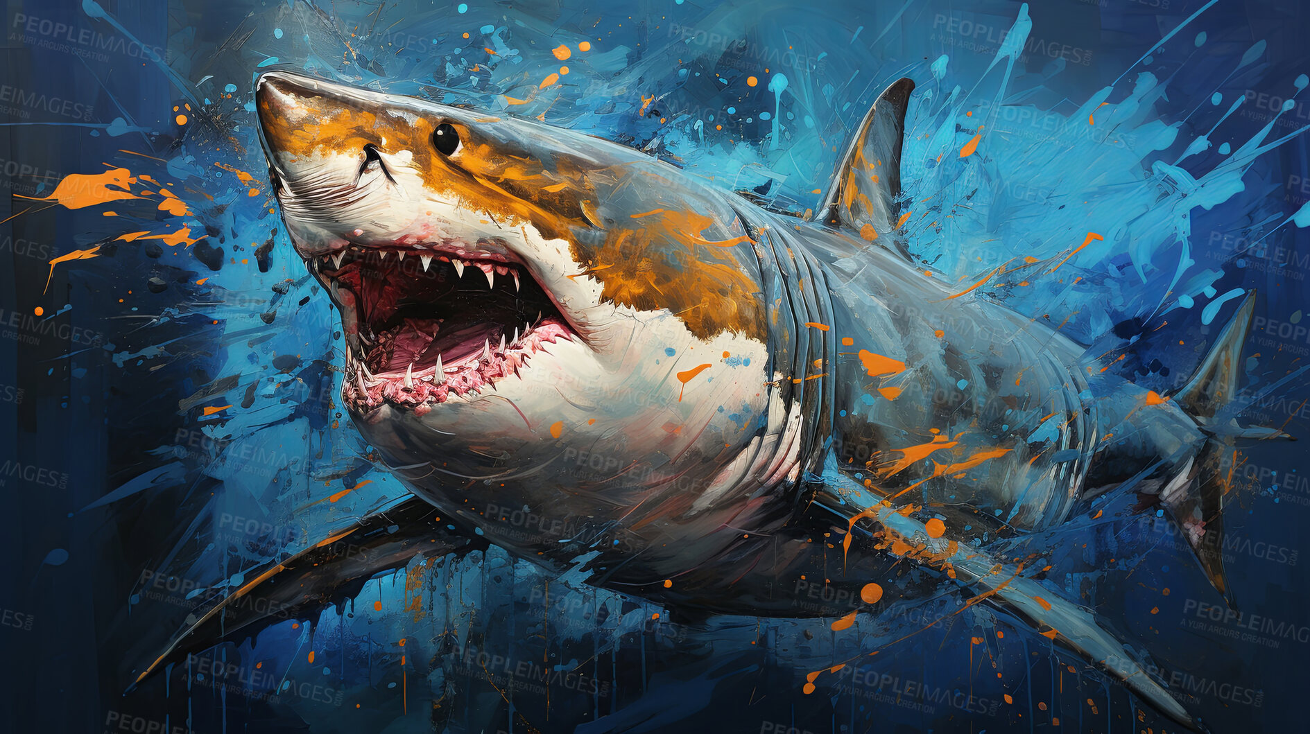 Buy stock photo Wild shark, lively and expressive artwork. Vibrant, ocean-inspired painting for decor, prints and creative expressions. On a dynamic canvas with a touch of untamed aquatic allure.