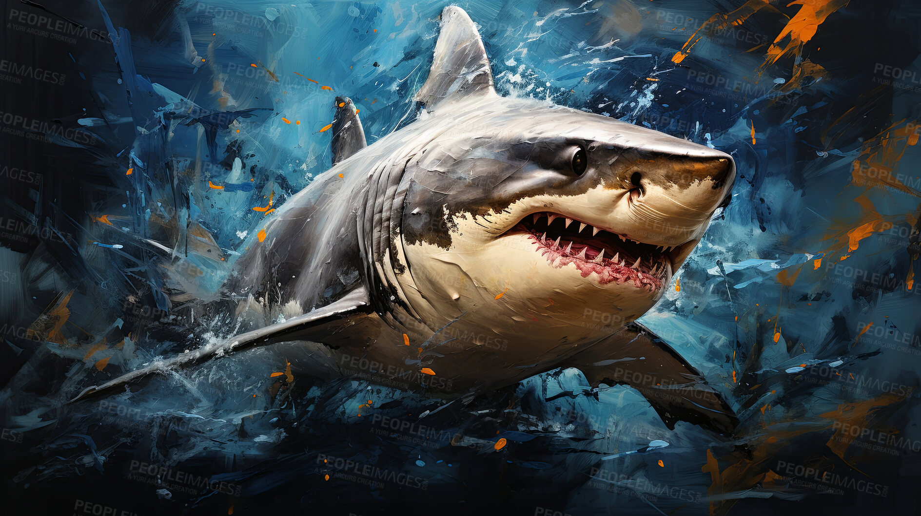 Buy stock photo Wild shark, lively and expressive artwork. Vibrant, ocean-inspired painting for decor, prints and creative expressions. On a dynamic canvas with a touch of untamed aquatic allure.