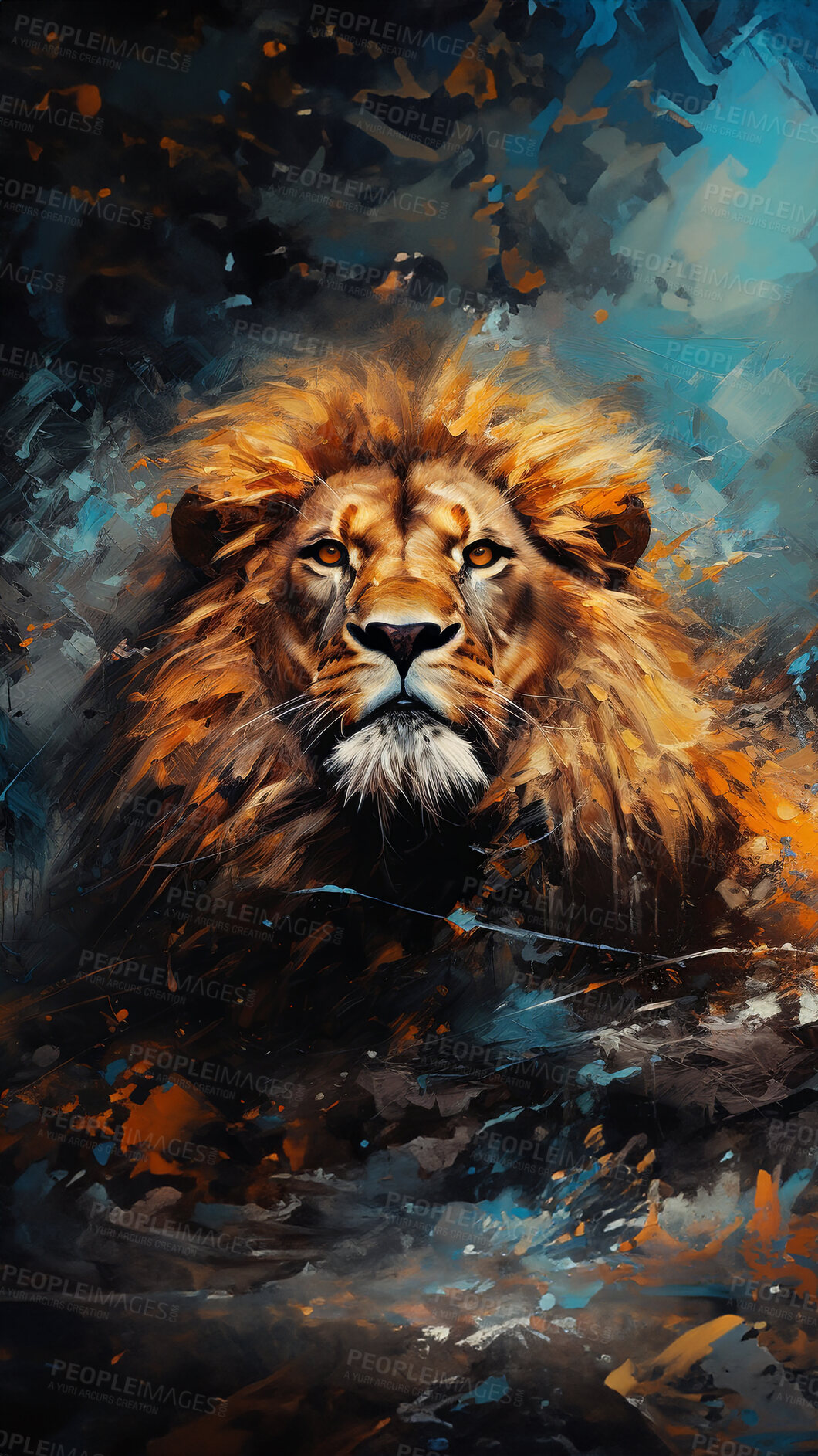 Buy stock photo Powerful lion, regal and majestic, embellished with vibrant painting strokes and graffiti. Golden-maned, wild and untamed. A symbol of strength and pride, perfect for decor, prints and creative expressions. Against an abstract backdrop of dynamic energy.