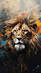 Powerful lion, regal and majestic, embellished with vibrant painting strokes and graffiti. Golden-maned, wild and untamed. A symbol of strength and pride, perfect for decor, prints and creative expressions. Against an abstract backdrop of dynamic energy.