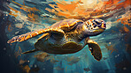 Sea turtle, serene and graceful. Shell adorned with vivid strokes, an oceanic symbol of tranquility and endurance. Ideal for decor, prints and creative expressions. On an abstract canvas of aquatic allure.