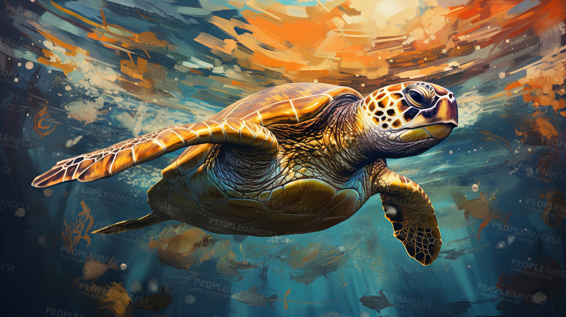 Buy stock photo Sea turtle, serene and graceful. Shell adorned with vivid strokes, an oceanic symbol of tranquility and endurance. Ideal for decor, prints and creative expressions. On an abstract canvas of aquatic allure.