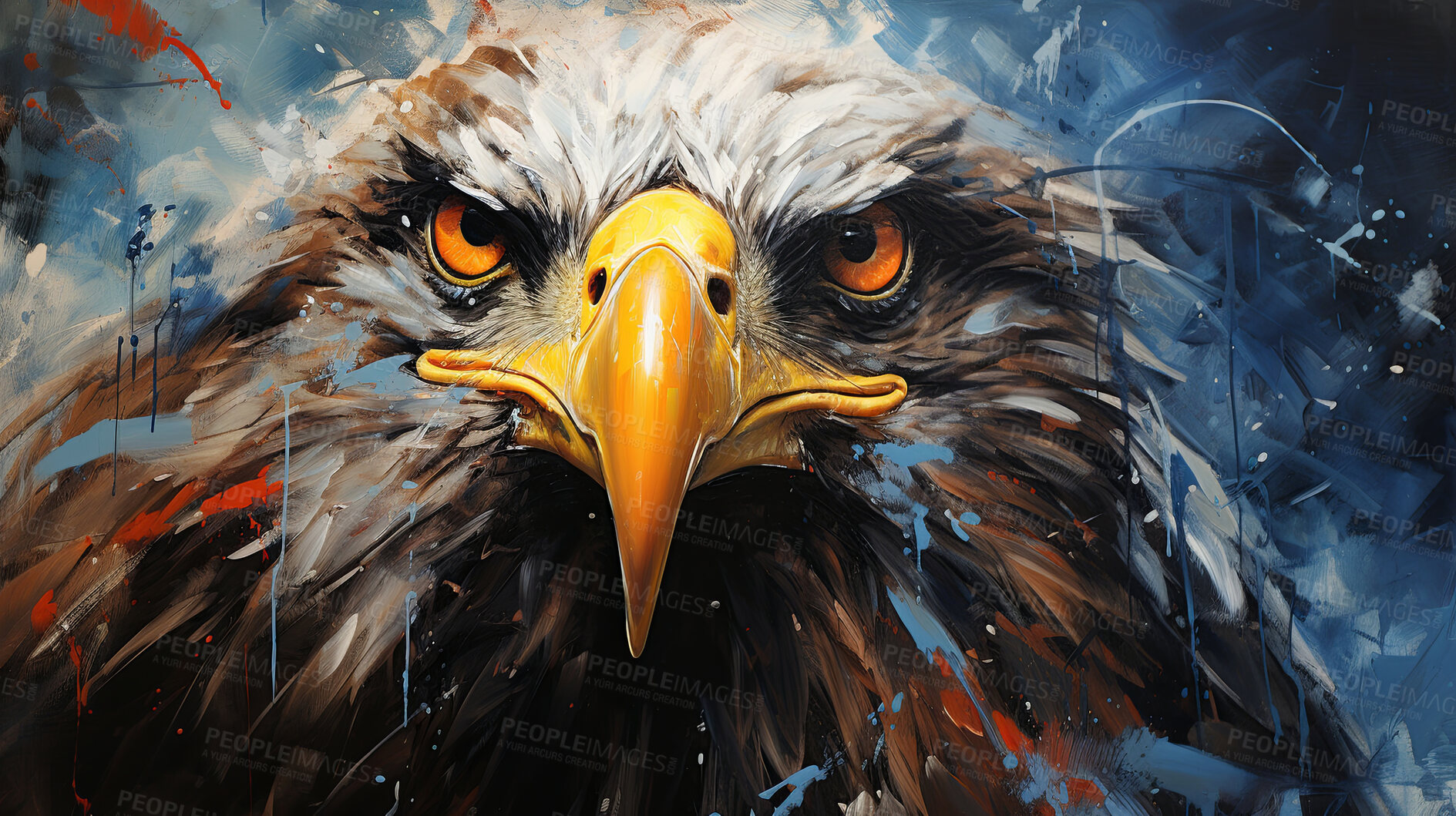 Buy stock photo Majestic eagle, vibrant and dynamic. Closeup view, adorned with vivid painting strokes. A symbol of freedom and power, perfect for decor, prints and creative expressions. Against an abstract backdrop of creative energy.