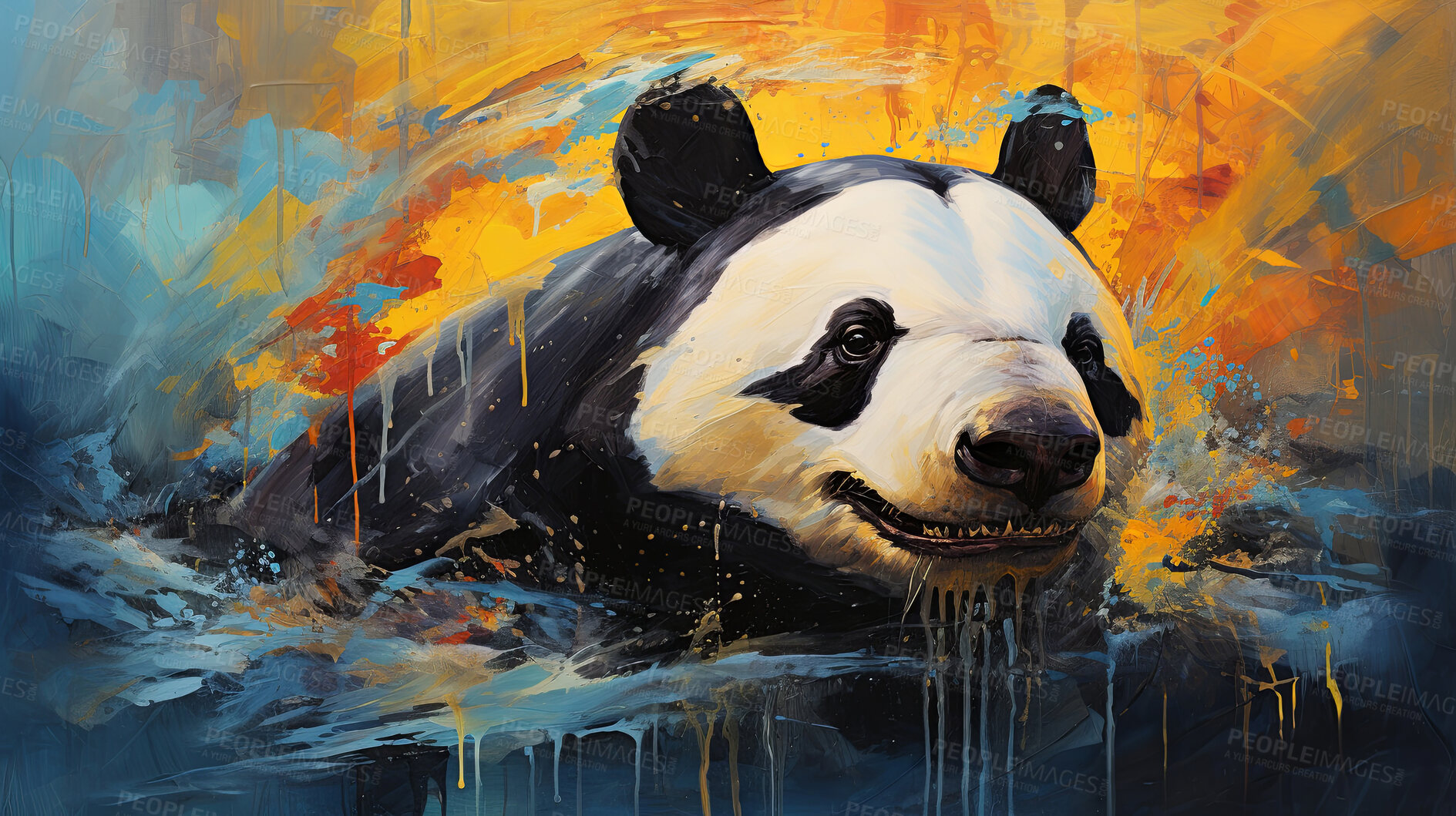 Buy stock photo Panda bear, expressive painting, wild and colorful. Energetic, nature-inspired art for decor, prints and creative expressions. On a dynamic canvas with a touch of untamed beauty.