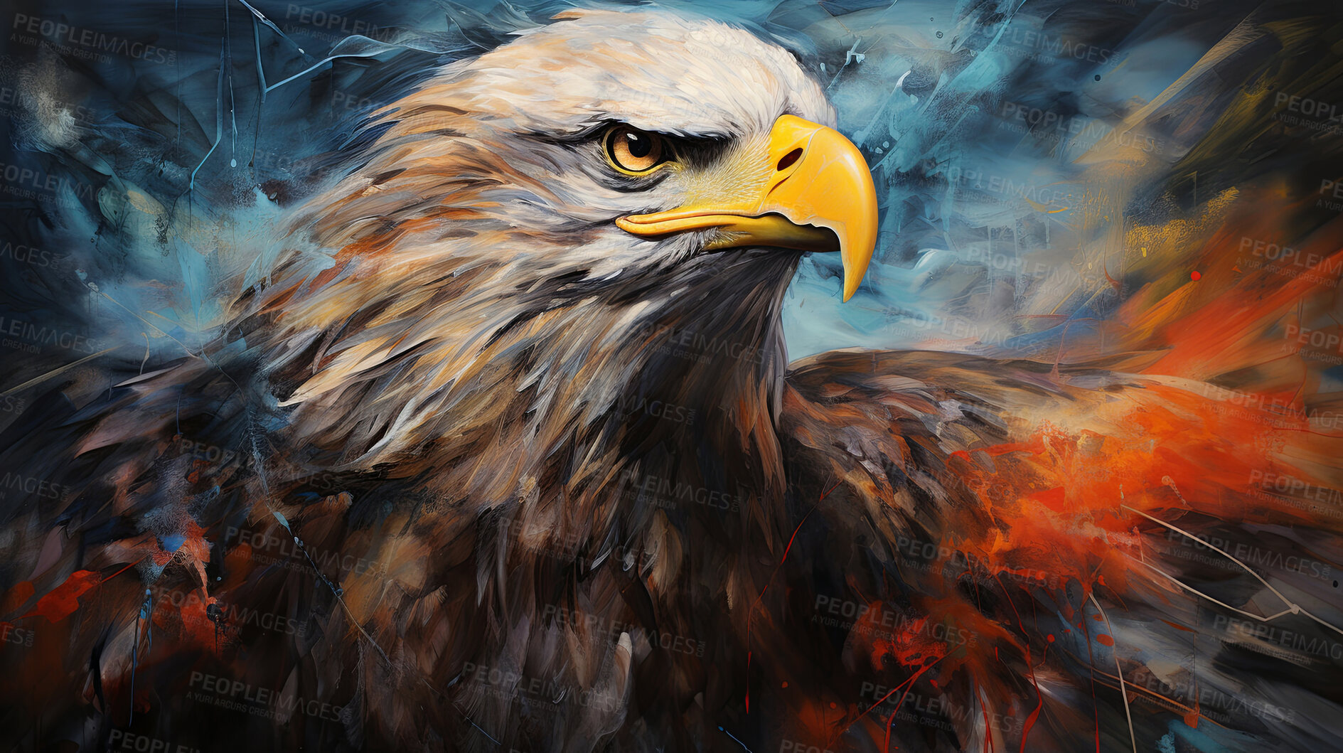 Buy stock photo Majestic eagle, vibrant and dynamic. Wings spread wide, adorned with vivid painting strokes. A symbol of freedom and power, perfect for decor, prints and creative expressions. Against an abstract backdrop of creative energy.