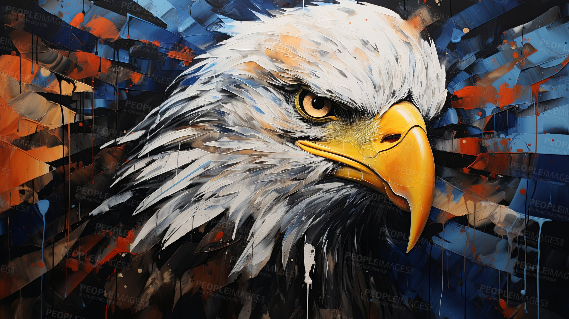 Buy stock photo Majestic eagle, vibrant and dynamic. Closeup view, adorned with vivid painting strokes. A symbol of freedom and power, perfect for decor, prints and creative expressions. Against an abstract backdrop of creative energy.