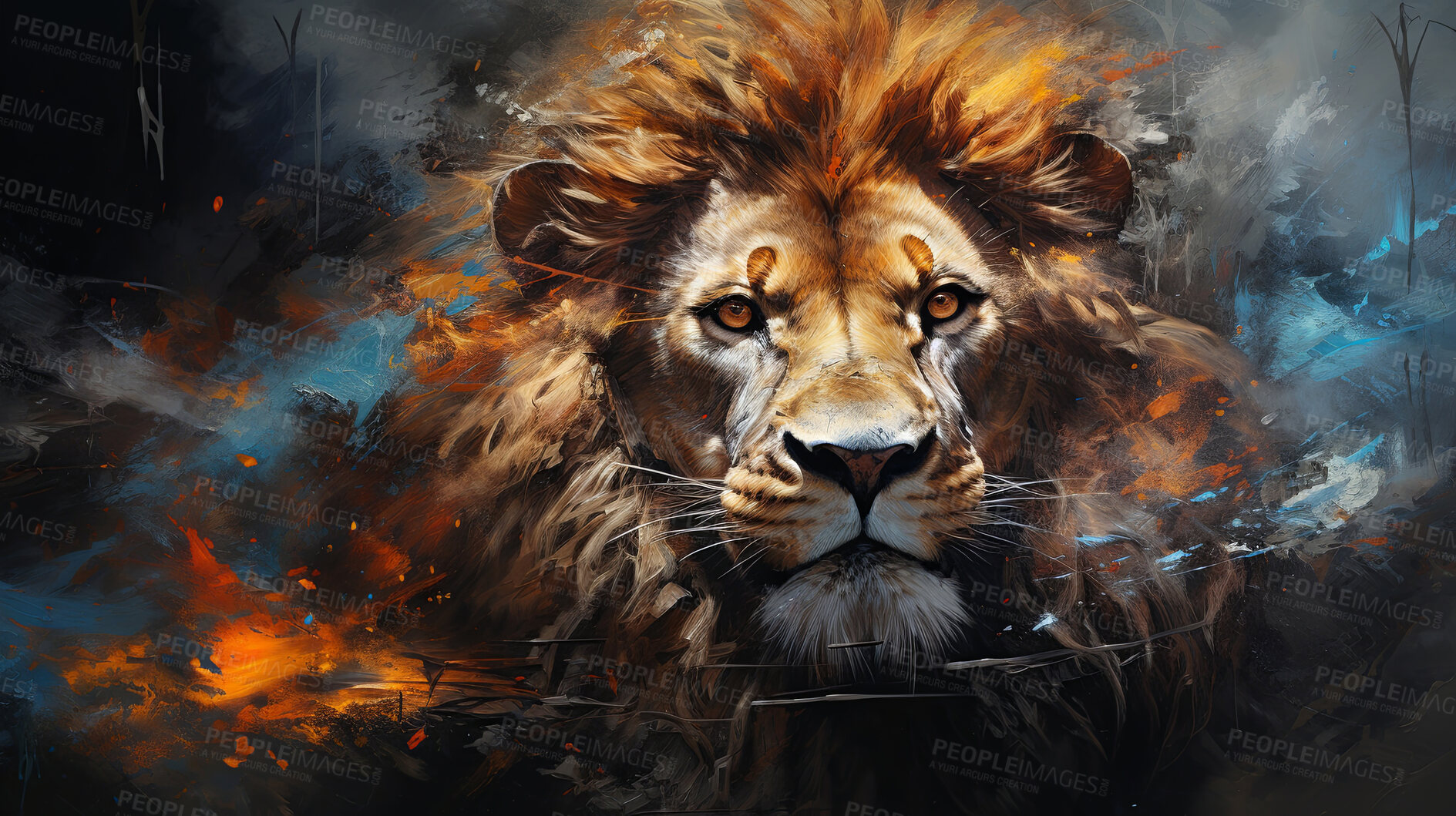 Buy stock photo Powerful lion, regal and majestic, embellished with vibrant painting strokes and graffiti. Golden-maned, wild and untamed. A symbol of strength and pride, perfect for decor, prints and creative expressions. Against an abstract backdrop of dynamic energy.