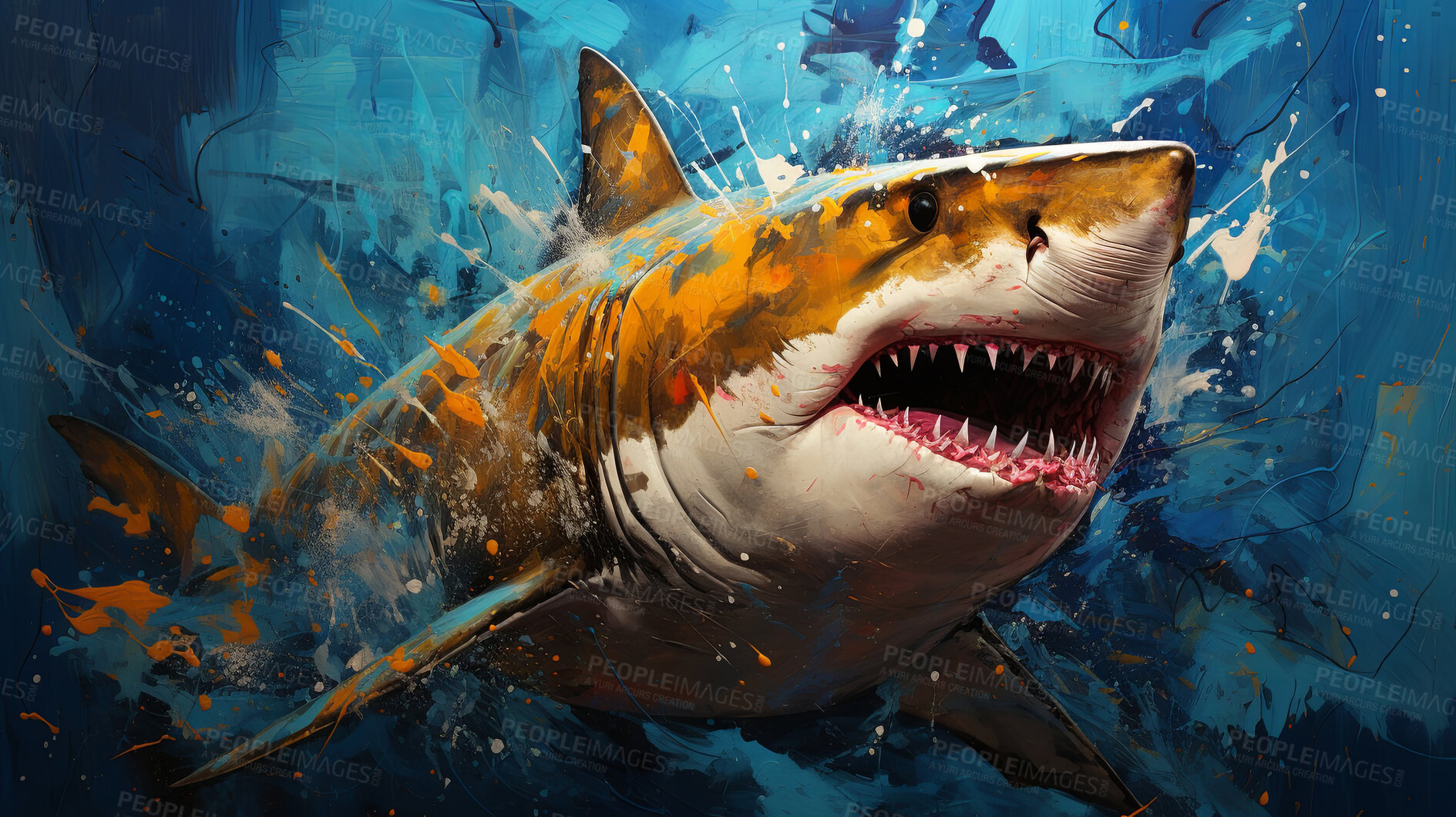 Buy stock photo Wild shark, lively and expressive artwork. Vibrant, ocean-inspired painting for decor, prints and creative expressions. On a dynamic canvas with a touch of untamed aquatic allure.