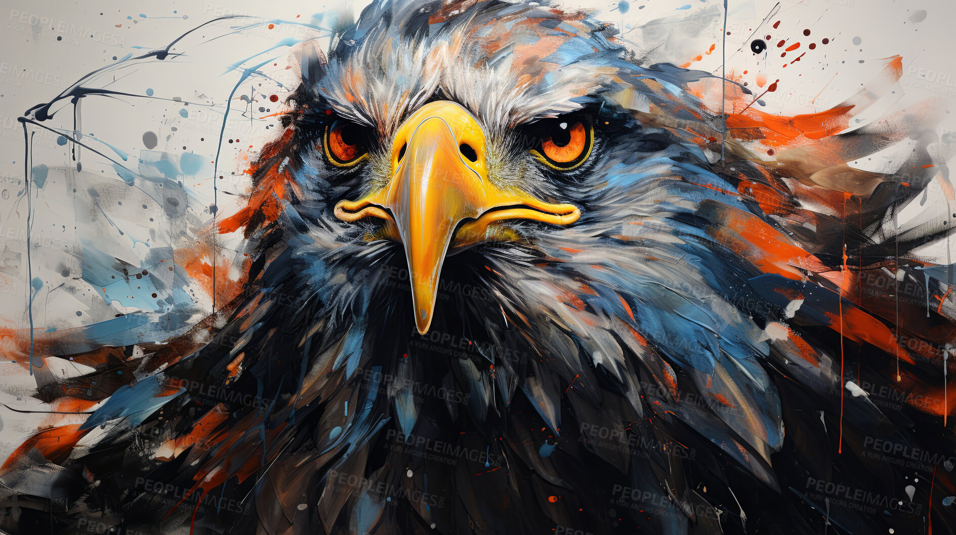 Buy stock photo Majestic eagle, vibrant and dynamic. Closeup view, adorned with vivid painting strokes. A symbol of freedom and power, perfect for decor, prints and creative expressions. Against an abstract backdrop of creative energy.