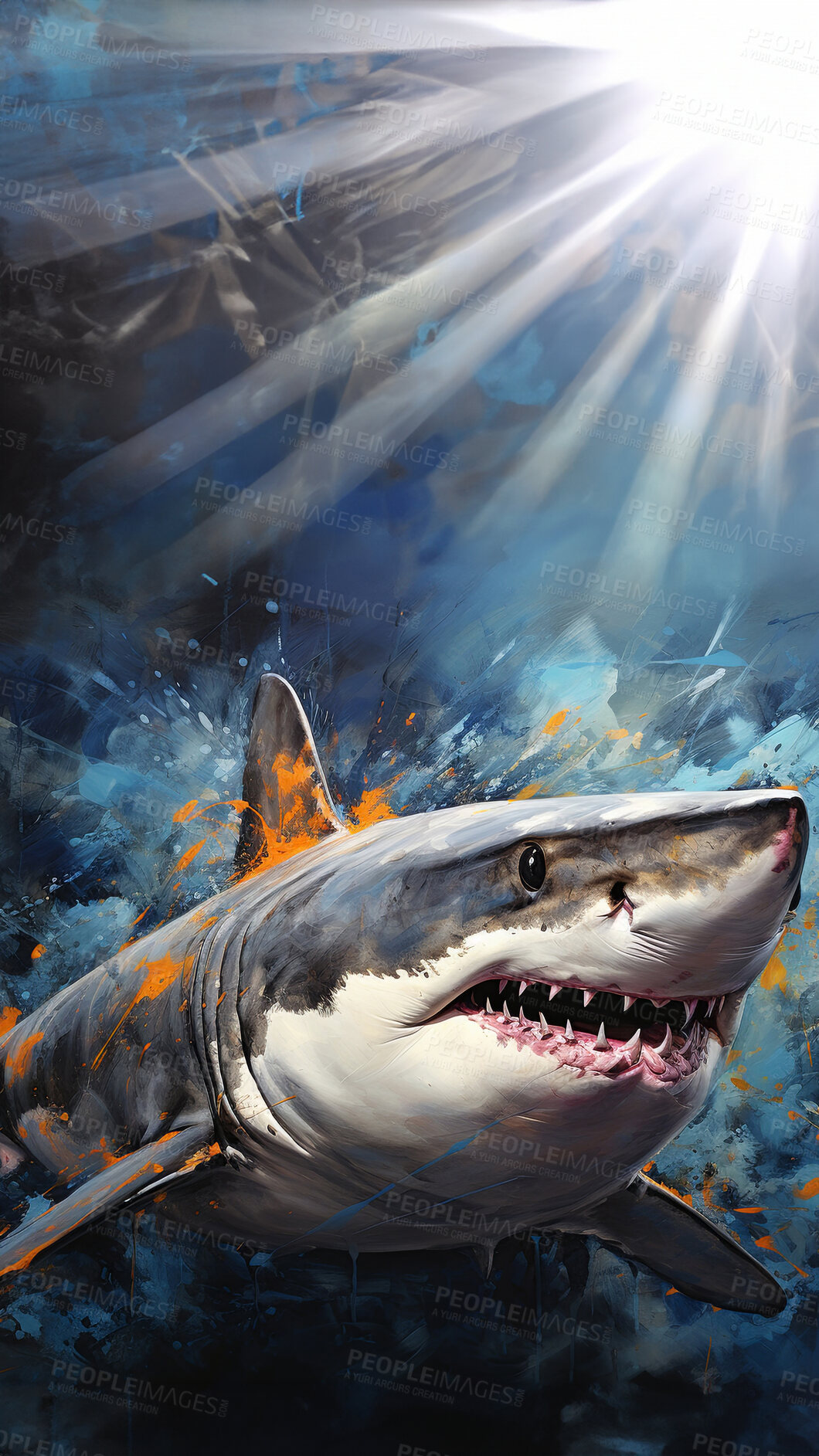 Buy stock photo Wild shark, lively and expressive artwork. Vibrant, ocean-inspired painting for decor, prints and creative expressions. On a dynamic canvas with a touch of untamed aquatic allure.