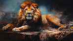 Powerful lion, regal and majestic, embellished with vibrant painting strokes and graffiti. Golden-maned, wild and untamed. A symbol of strength and pride, perfect for decor, prints and creative expressions. Against an abstract backdrop of dynamic energy.