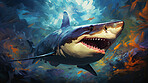 Wild shark, lively and expressive artwork. Vibrant, ocean-inspired painting for decor, prints and creative expressions. On a dynamic canvas with a touch of untamed aquatic allure.