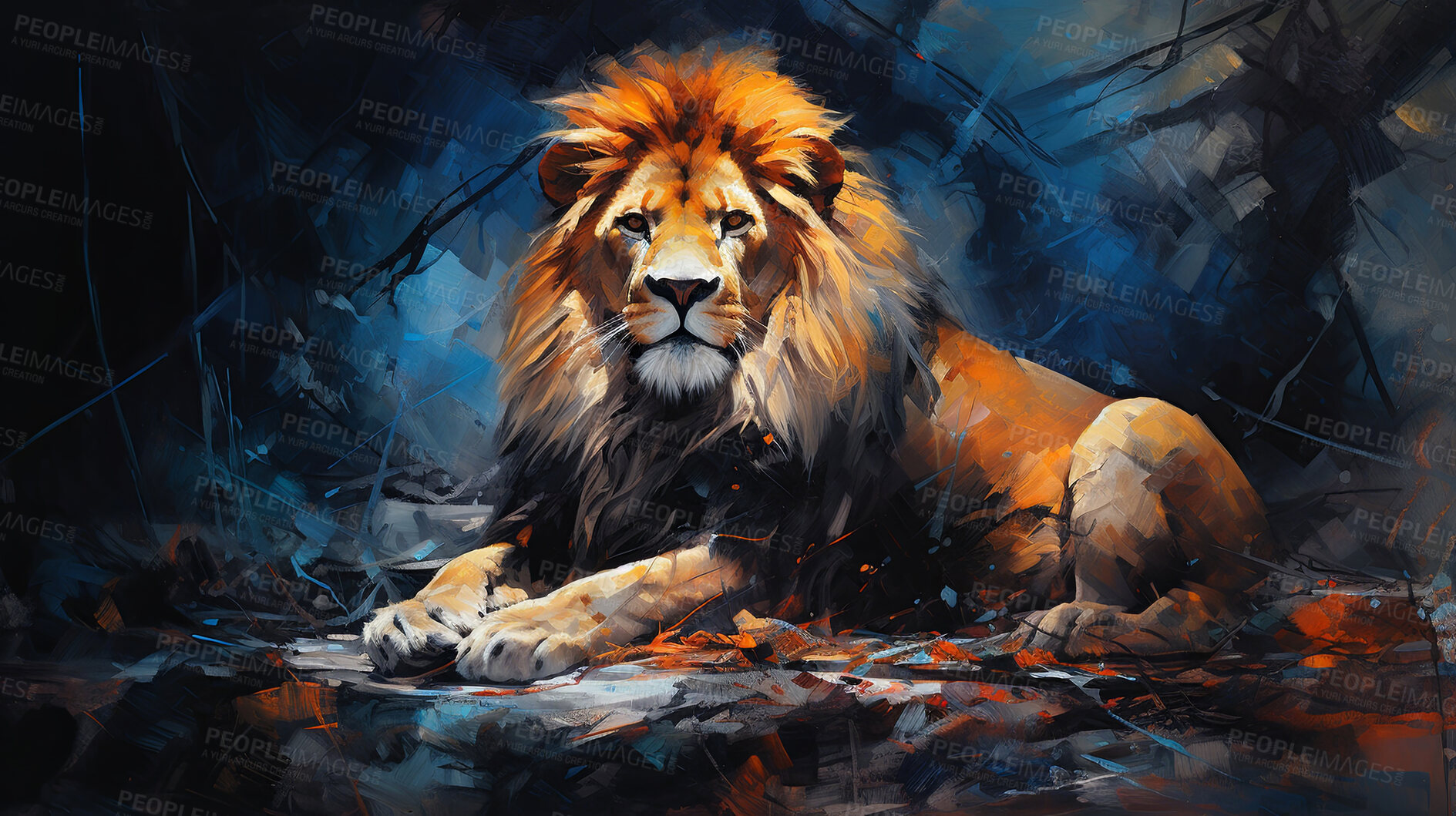 Buy stock photo Powerful lion, regal and majestic, embellished with vibrant painting strokes and graffiti. Golden-maned, wild and untamed. A symbol of strength and pride, perfect for decor, prints and creative expressions. Against an abstract backdrop of dynamic energy.