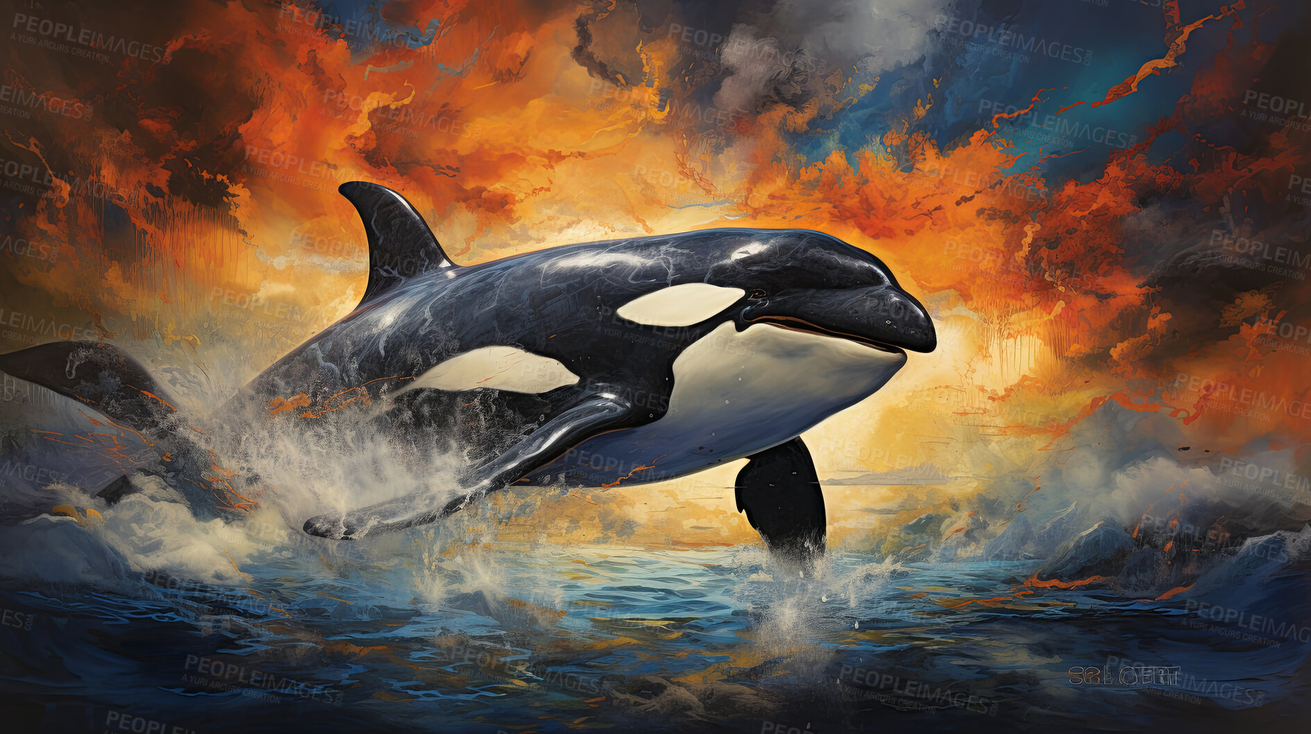 Buy stock photo Untamed orca, vibrant and expressive painting. Colorful, energetic and ocean-inspired artwork for decor, prints and creative expressions. On a dynamic canvas with a touch of marine splendor.