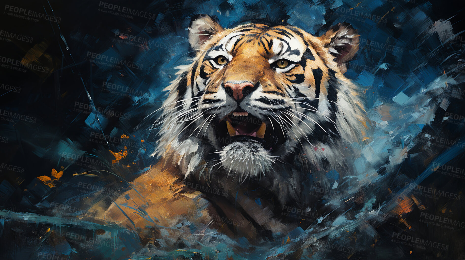 Buy stock photo Wild tiger, vibrant and expressive painting. Colorful, energetic and nature-inspired art for decor, prints and creative expressions. On a dynamic canvas with a touch of untamed beauty.