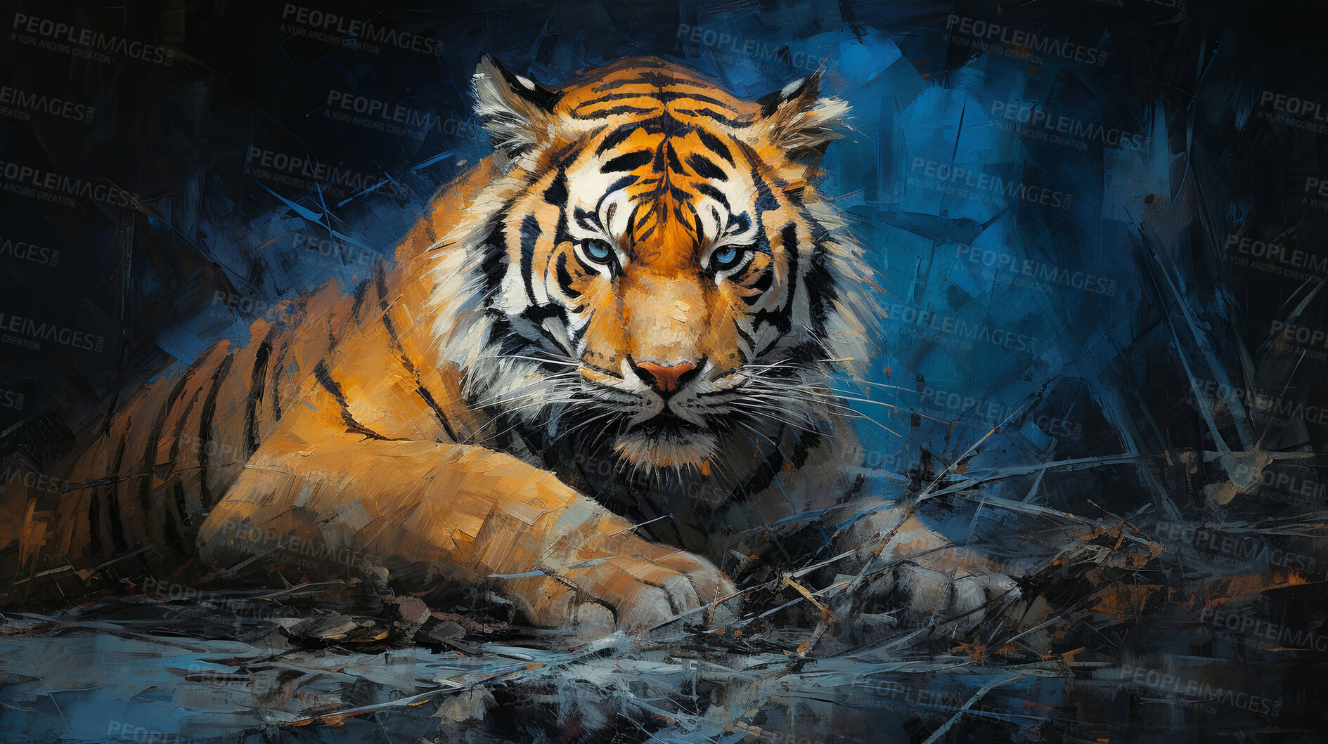 Buy stock photo Wild tiger, vibrant and expressive painting. Colorful, energetic and nature-inspired art for decor, prints and creative expressions. On a dynamic canvas with a touch of untamed beauty.