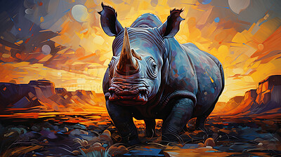 Wild rhinoceros, vibrant and expressive painting. Colorful, energetic and nature-inspired art for decor, prints and creative expressions. On a dynamic canvas with a touch of untamed beauty.
