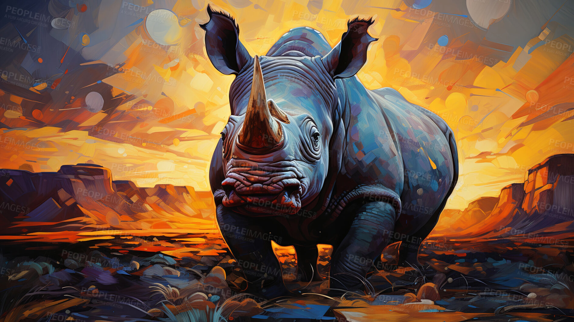 Buy stock photo Wild rhinoceros, vibrant and expressive painting. Colorful, energetic and nature-inspired art for decor, prints and creative expressions. On a dynamic canvas with a touch of untamed beauty.